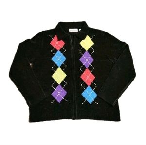 Vintage Alfred Dunner Argyle Zip Up Cardigan Black Grannycore Academia Sweater L